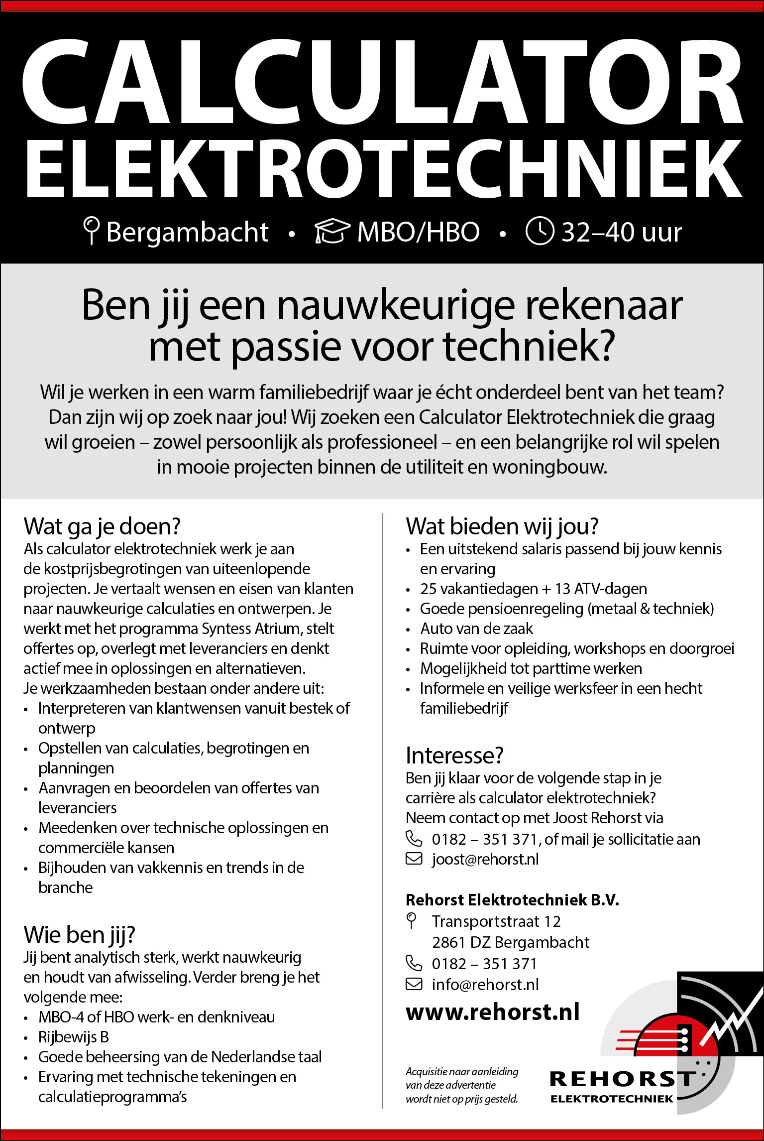 Personeelsadvertentie Calculator Elektrotechniek 130x194